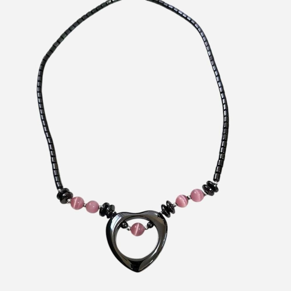 Vintage Hematite & Pink Cat’s Eye Heart Necklace